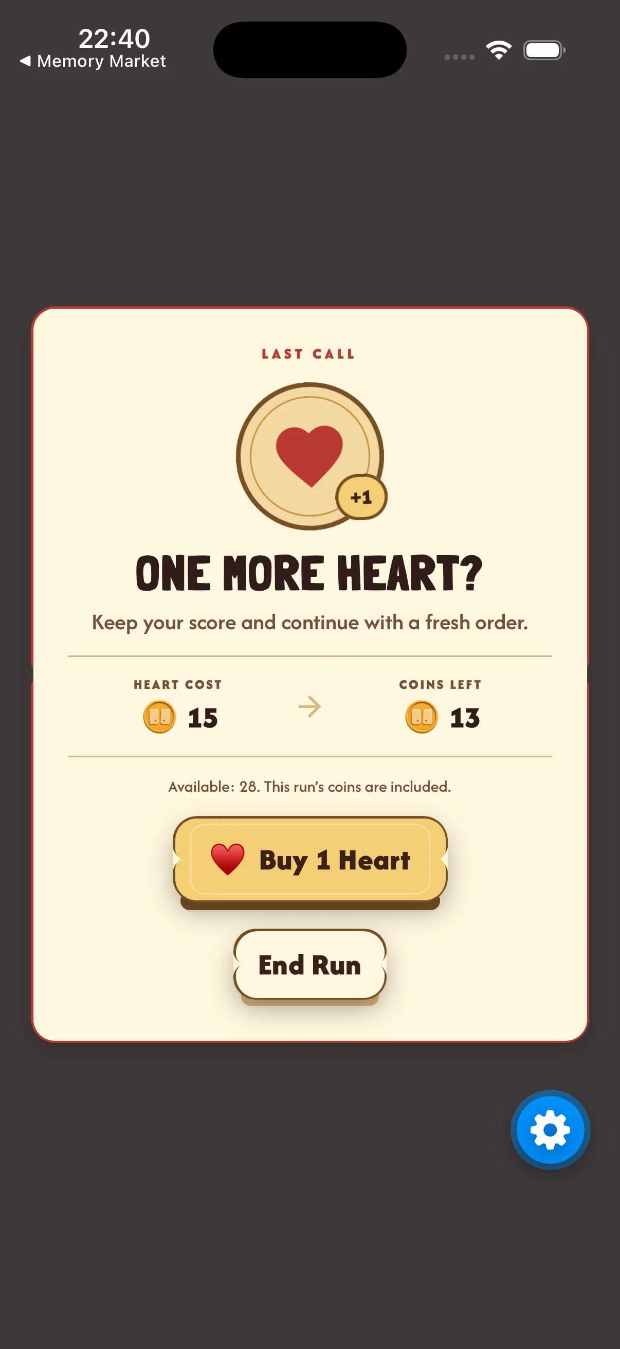 Last Call screen offering one rescue heart for 15 coins