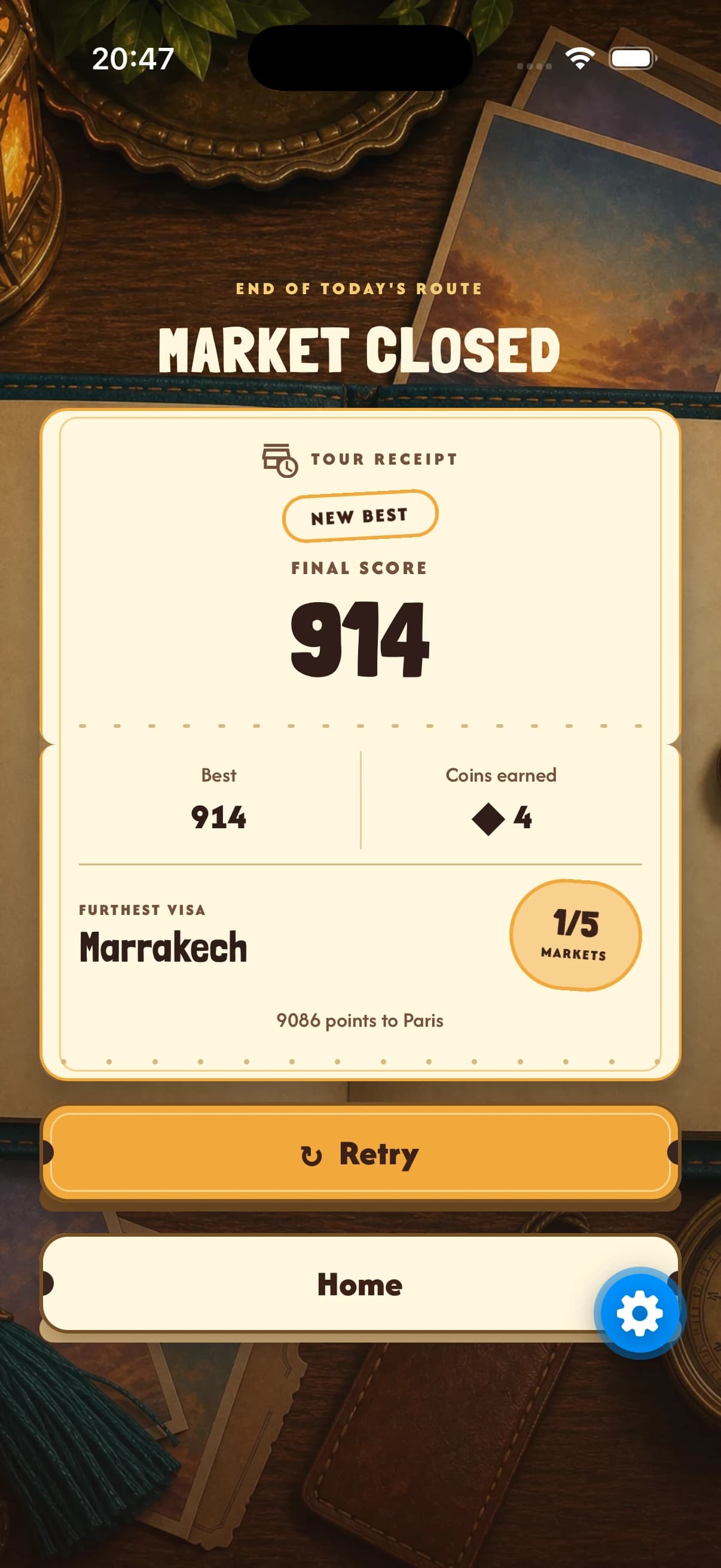 Memory Market end of run receipt with score and coins earned